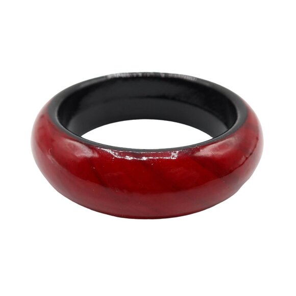 Burgundy Black Domed Lacquered Wood Bangle Cuff Bracelet Boho Unsigned - Picture 1 of 5